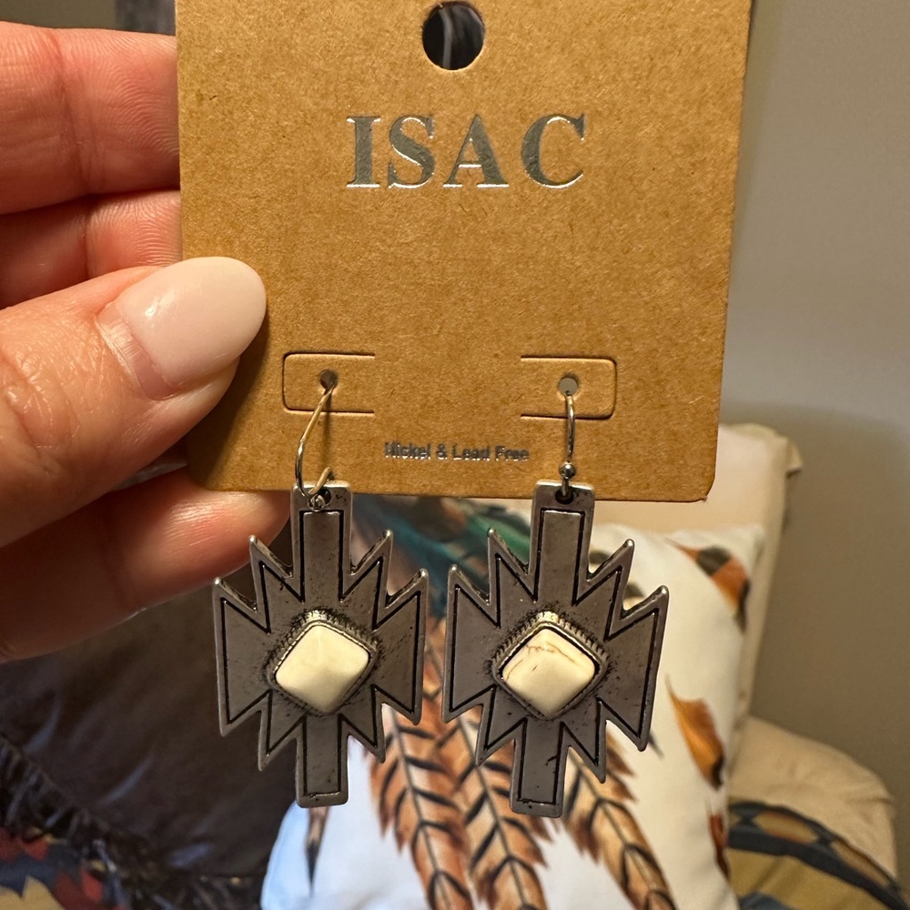 ISA C Silver-Tone Southwestern Drop Earrings with White Stone